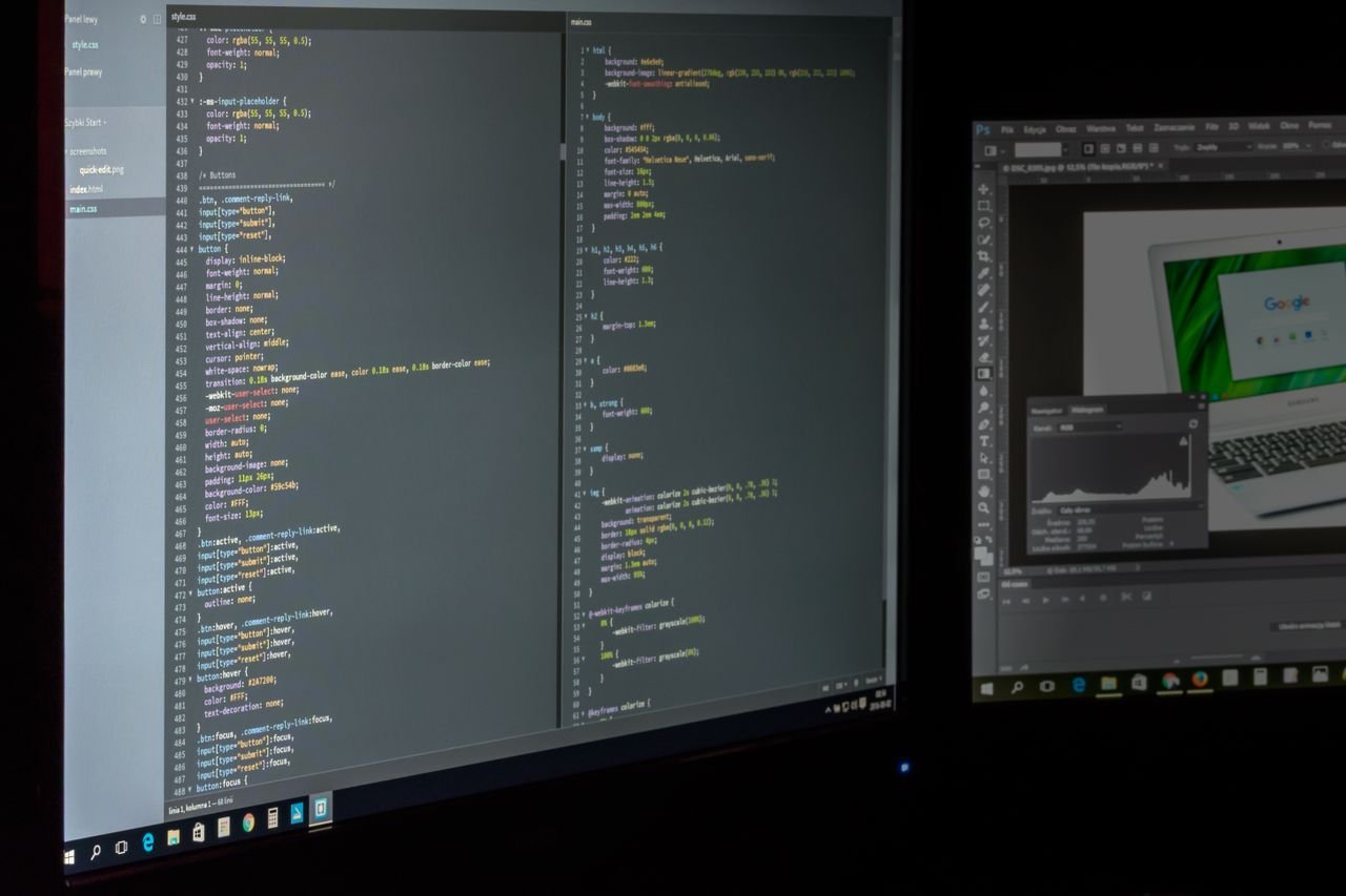 Services A dual screen setup showcasing programming code and image editing software.